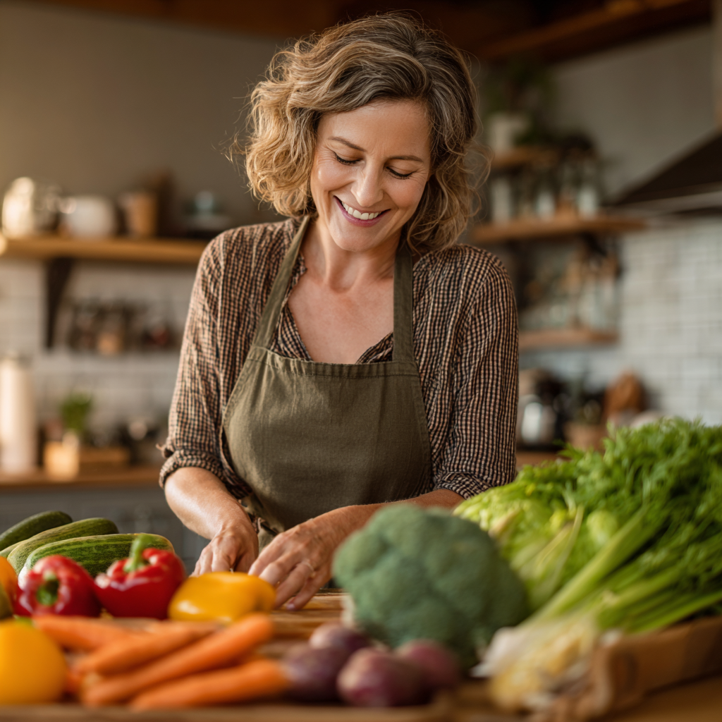 Healthy middle-aged woman in her 40s preparing fresh vegetables and fruits in a bright modern kitchen, smiling while organizing colorful nutritious ingredients