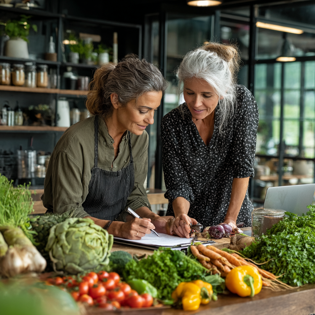 Professional nutritionist in her 50s consulting with a client, reviewing healthy meal plans and fresh ingredients on a desk in a bright office setting